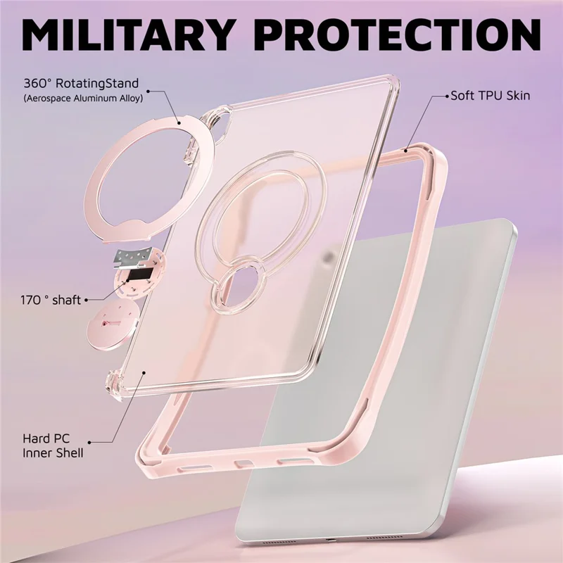 Funda para iPad (2025) / iPad 10.9 (2022) con Soporte Giratorio, Protectora Transparente PC + TPU con Anillo de Pie Giratorio 360° - Rosa