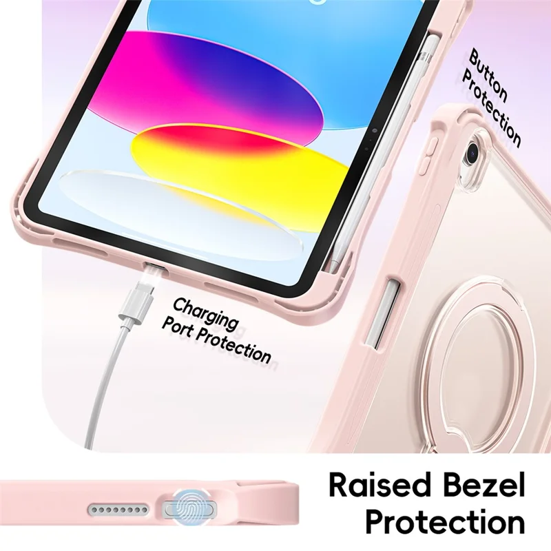 Funda para iPad (2025) / iPad 10.9 (2022) con Soporte Giratorio, Protectora Transparente PC + TPU con Anillo de Pie Giratorio 360° - Rosa