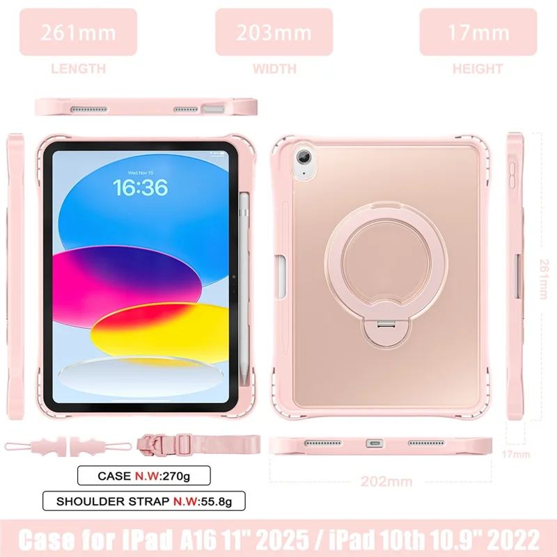 Funda para iPad (2025) / iPad 10.9 (2022) con Soporte Giratorio, Protectora Transparente PC + TPU con Anillo de Pie Giratorio 360° - Rosa