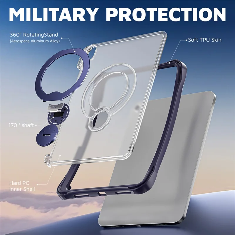 Coque pour iPad (2025) / iPad 10,9 (2022) avec support pivotant PC + TPU étui antichoc avec dragonne - Bleu marine