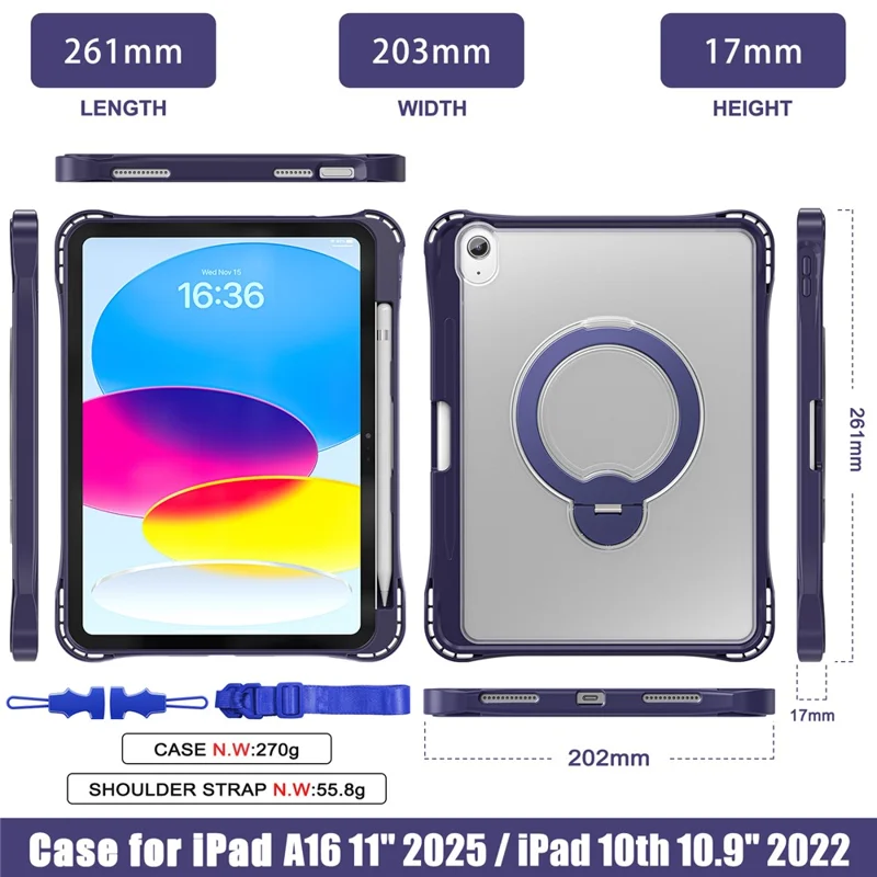 Coque pour iPad (2025) / iPad 10,9 (2022) avec support pivotant PC + TPU étui antichoc avec dragonne - Bleu marine