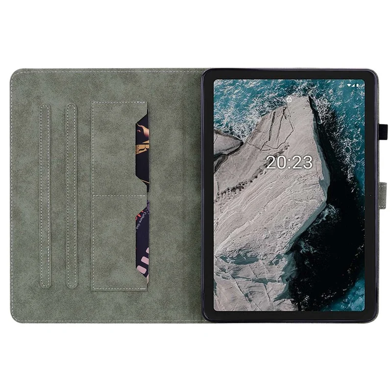Scratch Resistant Case for Nokia T20 Cute Tiger Pattern Imprinted Tablet Protector with Card Slot TPU+PU Leather Stand Cover - Dark Blue