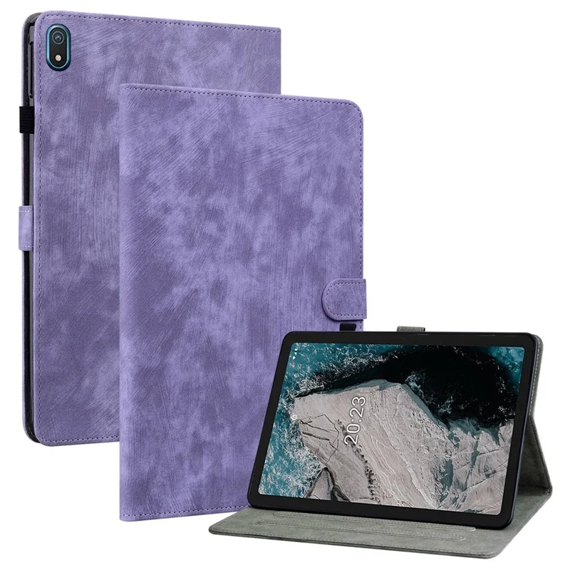 Skridsikker taske til Nokia T20 med sjov tiggermønster, indstiftet tabletbeklædning med kortlomme, stander i TPU+PU læder - Lilla