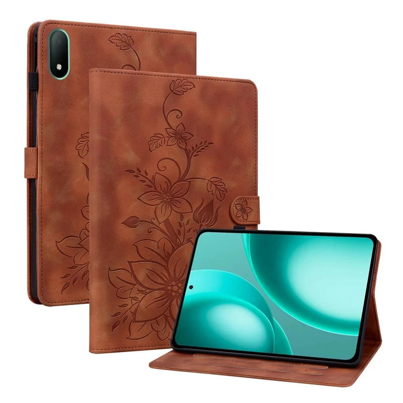 For Oppo Pad Mini Case Lily Flower Imprint Card Slots Leather Tablet Cover - Brown