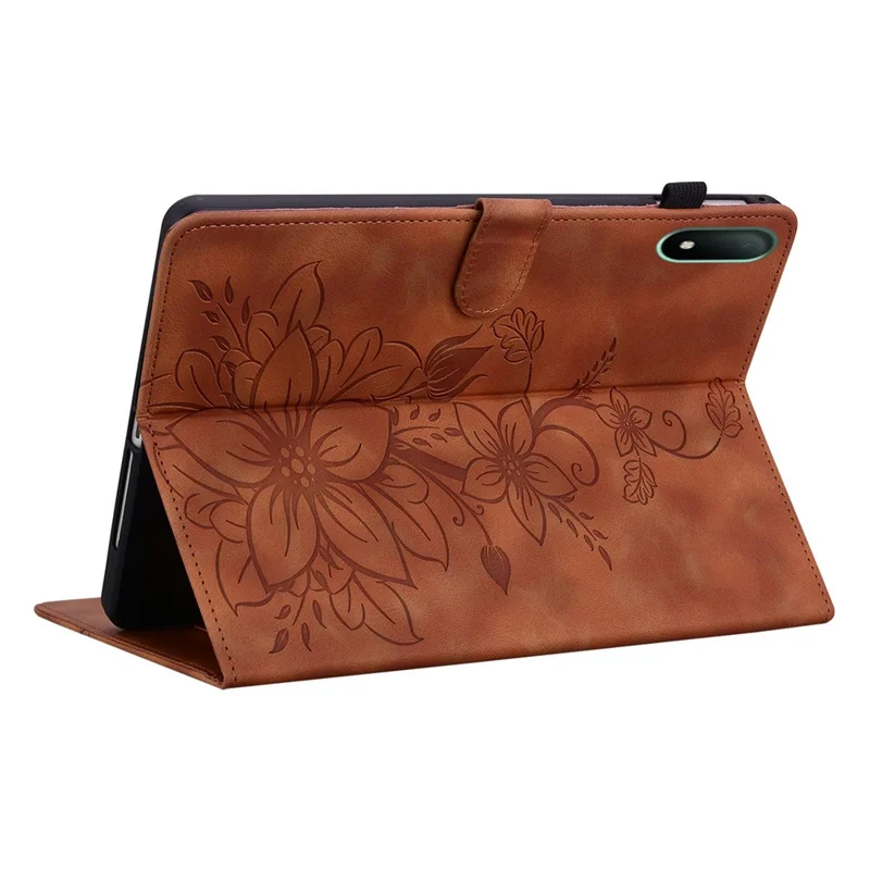 For Oppo Pad Mini Case Lily Flower Imprint Card Slots Leather Tablet Cover - Brown
