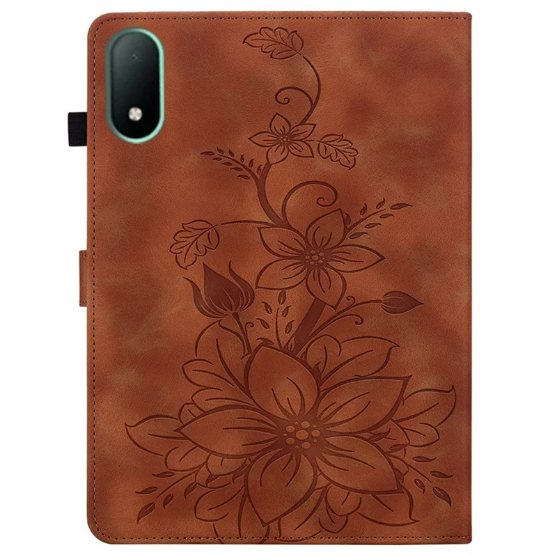 For Oppo Pad Mini Case Lily Flower Imprint Card Slots Leather Tablet Cover - Brown