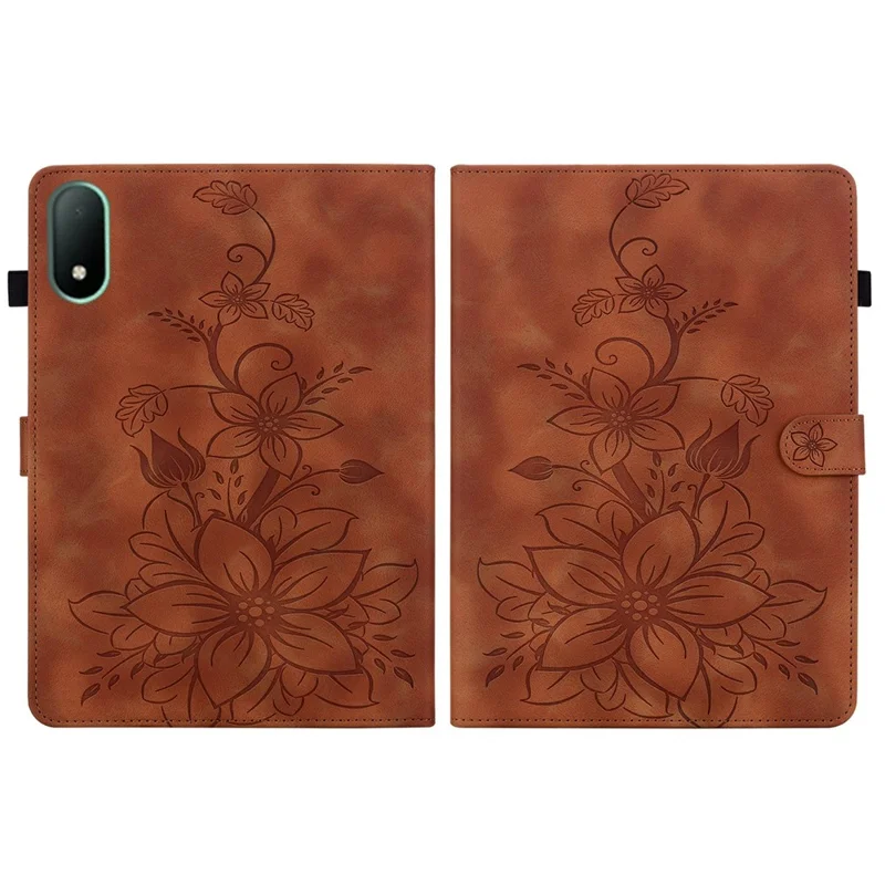 For Oppo Pad Mini Case Lily Flower Imprint Card Slots Leather Tablet Cover - Brown