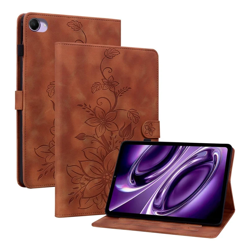 For Xiaomi Redmi K Pad 2 Case Lily Flower Imprint Card Slots Leather Tablet Cover - Brown