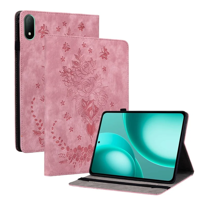 For Oppo Pad Mini Case Card Holder Anti-Scratch Leather Cover Rose Flower Imprint - Pink