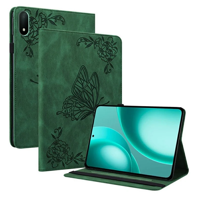 Tablet-Hülle für Oppo Pad Mini mit Schmetterlings- und Blumenprägung, aus PU-Leder mit Kartenfächern – Grün