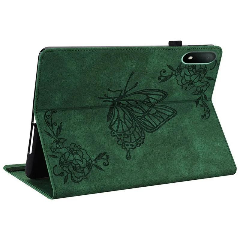 Tablet-Hülle für Oppo Pad Mini mit Schmetterlings- und Blumenprägung, aus PU-Leder mit Kartenfächern – Grün
