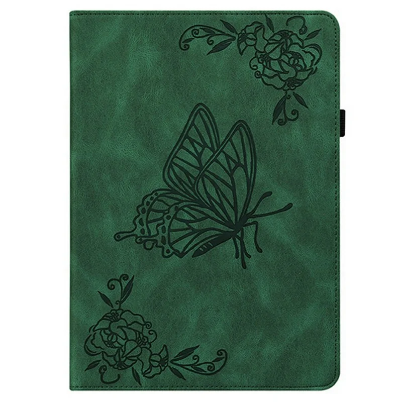 Tablet-Hülle für Oppo Pad Mini mit Schmetterlings- und Blumenprägung, aus PU-Leder mit Kartenfächern – Grün