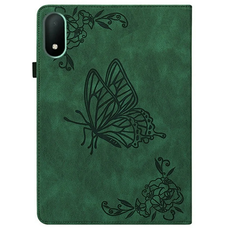 Tablet-Hülle für Oppo Pad Mini mit Schmetterlings- und Blumenprägung, aus PU-Leder mit Kartenfächern – Grün