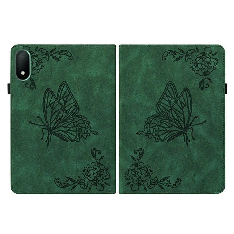 Tablet-Hülle für Oppo Pad Mini mit Schmetterlings- und Blumenprägung, aus PU-Leder mit Kartenfächern – Grün