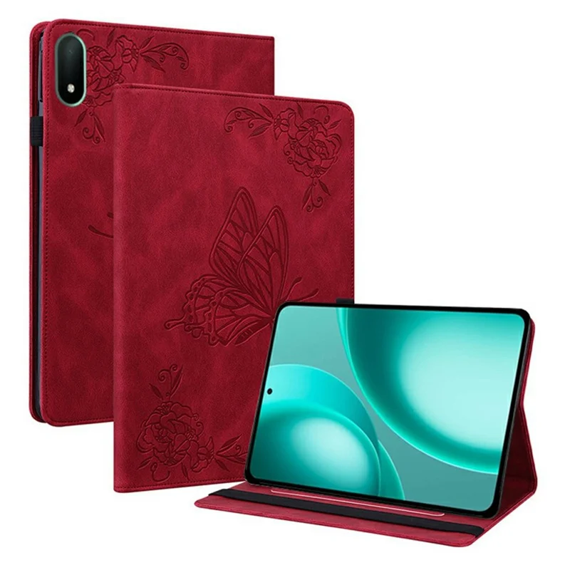Funda para Oppo Pad Mini con diseño de mariposa y flores, carcasa de cuero PU con ranuras para tarjetas - Rojo