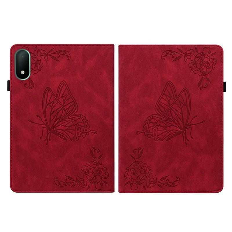 Funda para Oppo Pad Mini con diseño de mariposa y flores, carcasa de cuero PU con ranuras para tarjetas - Rojo