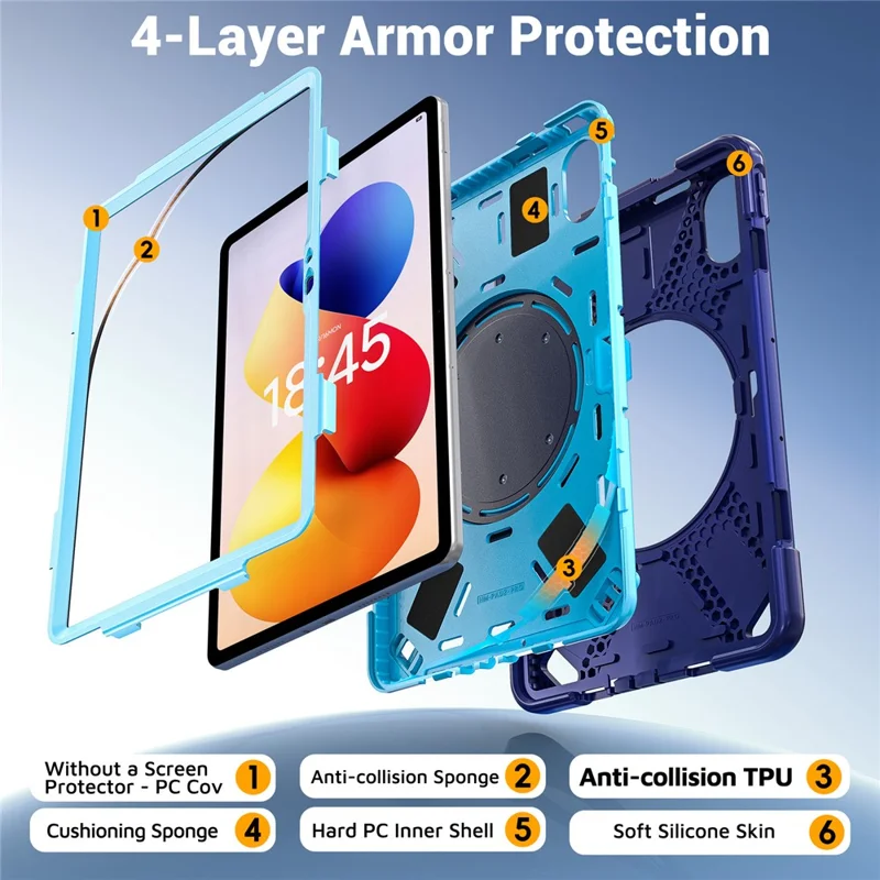 For Xiaomi Redmi Pad 2 Pro Case TPU + PC + Silicone Tablet Cover Swivel Kickstand Handle Grip - Navy Blue