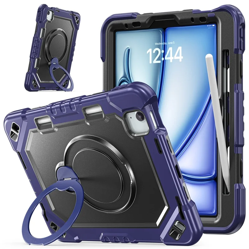 Tablet Case for iPad Air 11 (2026) / (2025) / (2024) / Air (2022) / (2020) / Pro 11 (2022) / (2021) / (2020) / (2018) TPU + PC + Silicone Cover with Kickstand - Navy Blue+Black