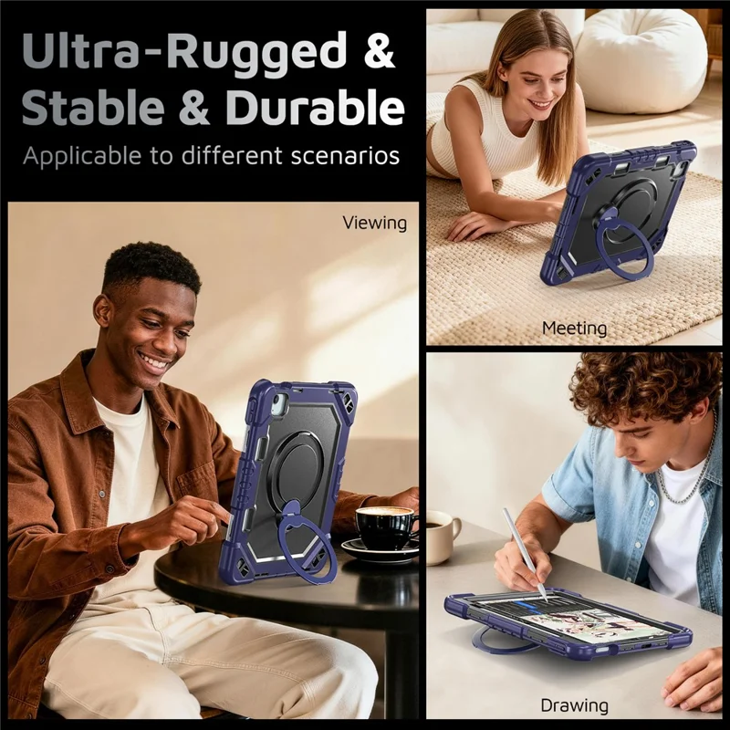 Tablet Case for iPad Air 11 (2026) / (2025) / (2024) / Air (2022) / (2020) / Pro 11 (2022) / (2021) / (2020) / (2018) TPU + PC + Silicone Cover with Kickstand - Navy Blue+Black