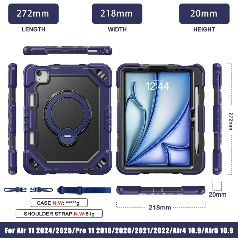 Tablet Case for iPad Air 11 (2026) / (2025) / (2024) / Air (2022) / (2020) / Pro 11 (2022) / (2021) / (2020) / (2018) TPU + PC + Silicone Cover with Kickstand - Navy Blue+Black