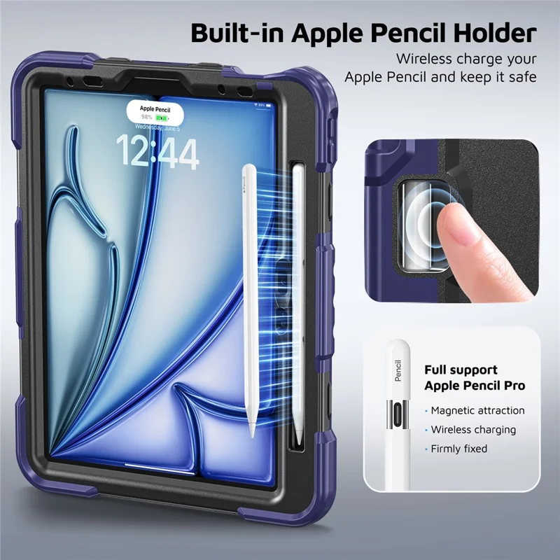 Tablet Case for iPad Air 11 (2026) / (2025) / (2024) / Air (2022) / (2020) / Pro 11 (2022) / (2021) / (2020) / (2018) TPU + PC + Silicone Cover with Kickstand - Navy Blue+Black