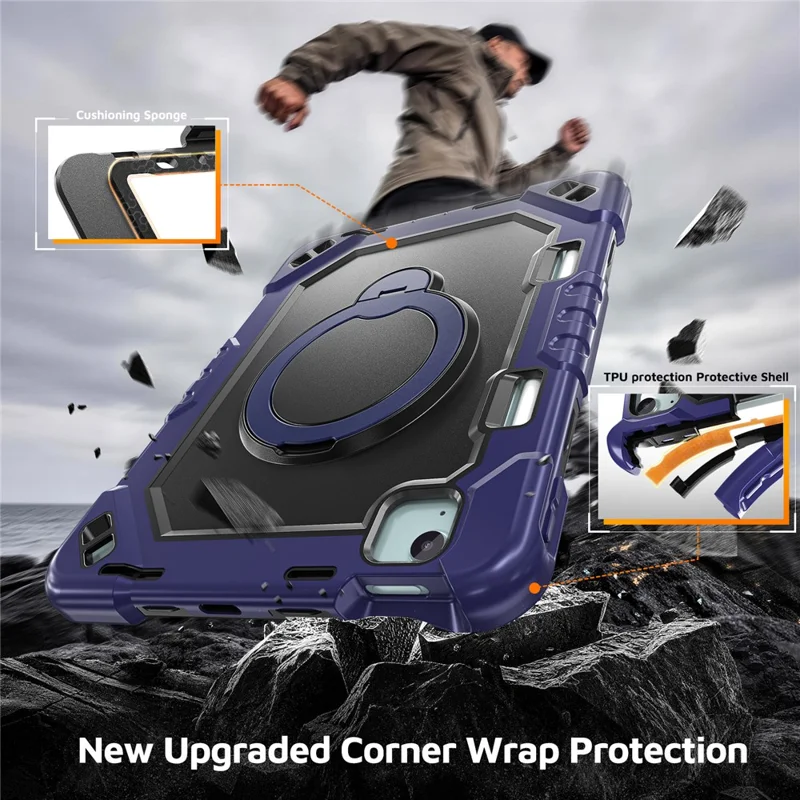 Tablet Case for iPad Air 11 (2026) / (2025) / (2024) / Air (2022) / (2020) / Pro 11 (2022) / (2021) / (2020) / (2018) TPU + PC + Silicone Cover with Kickstand - Navy Blue+Black