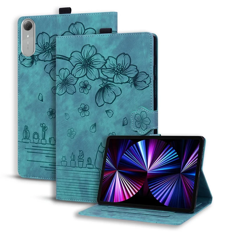 Funda de Cuero con Ranuras para Tarjetas, Soporte para Tableta, Tipo Folio con Diseño de Flores y Gatos - Verde para Lenovo Idea Tab Pro Gen 2