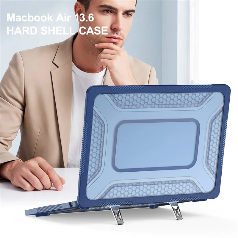 Custodia Protettiva con Supporto in Metallo per MacBook Air 13 pollici (2026) / (2025) / (2024) / (2022) Design Esagonale di Raffreddamento Custodia per Laptop PC+TPU - Blu Navy