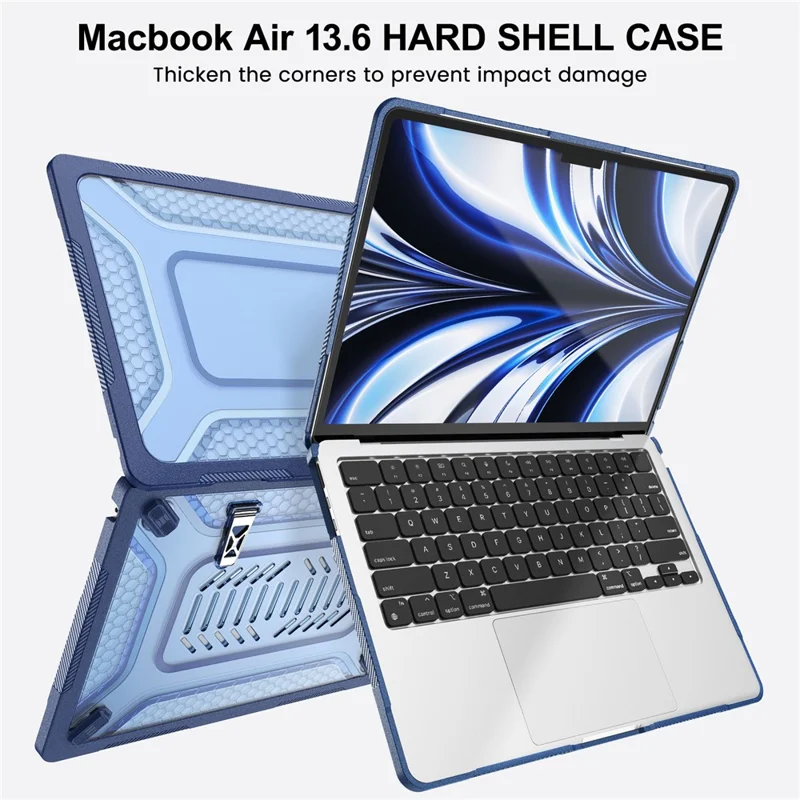Custodia Protettiva con Supporto in Metallo per MacBook Air 13 pollici (2026) / (2025) / (2024) / (2022) Design Esagonale di Raffreddamento Custodia per Laptop PC+TPU - Blu Navy