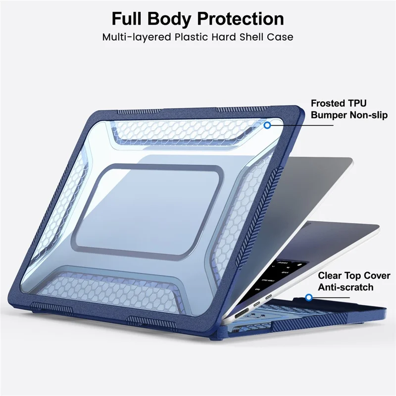Custodia Protettiva con Supporto in Metallo per MacBook Air 13 pollici (2026) / (2025) / (2024) / (2022) Design Esagonale di Raffreddamento Custodia per Laptop PC+TPU - Blu Navy