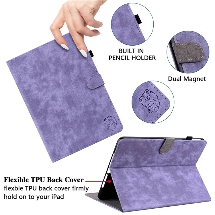 Para Lenovo Tab M10 Plus (Gen 3) Linda Estuche Impresa de Patrón de Tigre TPU+PU Cubierta Protectora de Cuero Tableta a Prueba de Rasguños Con Soporte / Ranura Para Tarjetas - Violeta