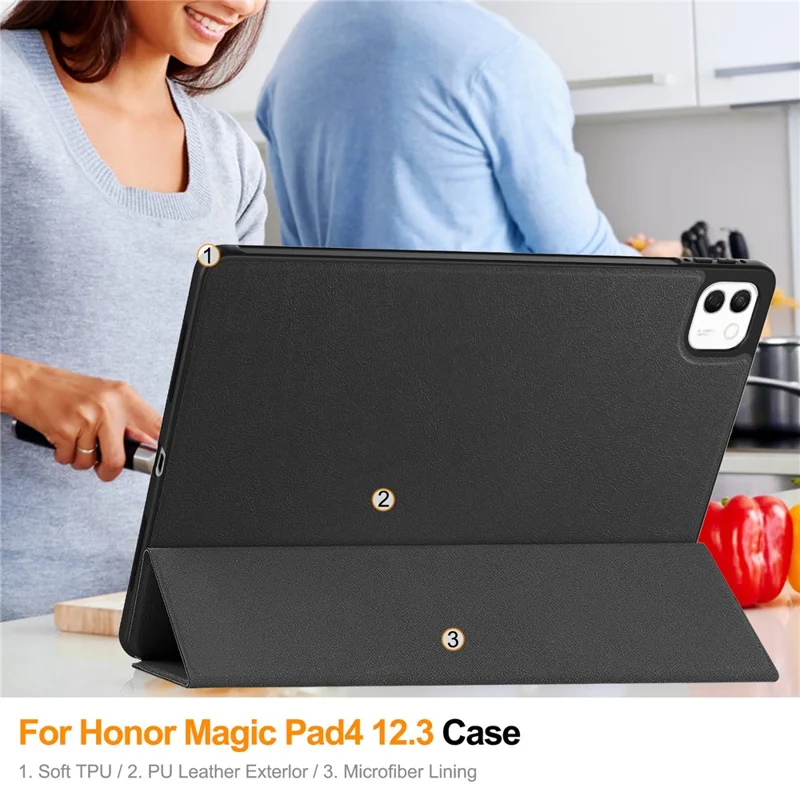 For Honor MagicPad 3 Pro 12.3  /  MagicPad 4 PU Leather Tri-fold Stand Tablet Case Smart Auto Wake  /  Sleep Folio Cover - Black