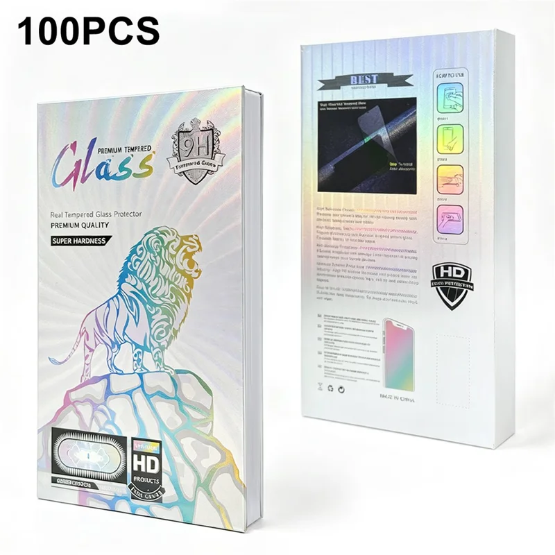 100Pcs 12 Inch Tempered Glass Screen Protector Packaging Box Holographic Silver 3D Lion Design - Laser Gradient