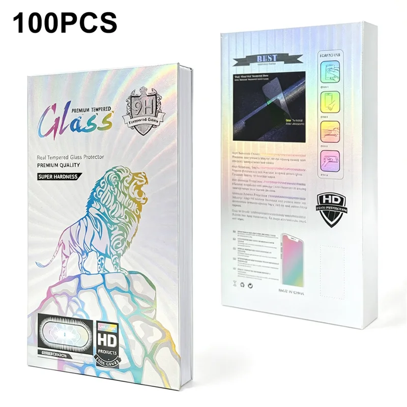 100Pcs 7 inch Tempered Glass Screen Protector Packaging Box Holographic Silver 3D Lion Design Foldable Hard Case - Laser Gradient