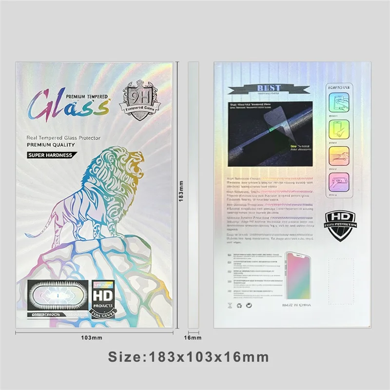 100Pcs 7 inch Tempered Glass Screen Protector Packaging Box Holographic Silver 3D Lion Design Foldable Hard Case - Laser Gradient