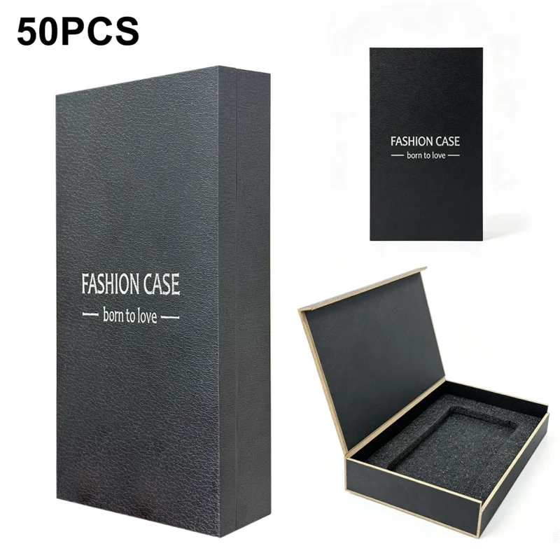 50Pcs 5.8-6.8 inch Phone Case Packaging Box Lychee Texture Foldable Gift Box with Foam Insert - Black