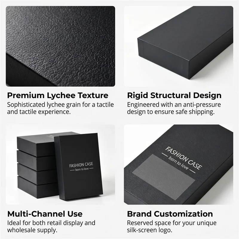50Pcs 5.8-6.8 inch Phone Case Packaging Box Lychee Texture Foldable Gift Box with Foam Insert - Black