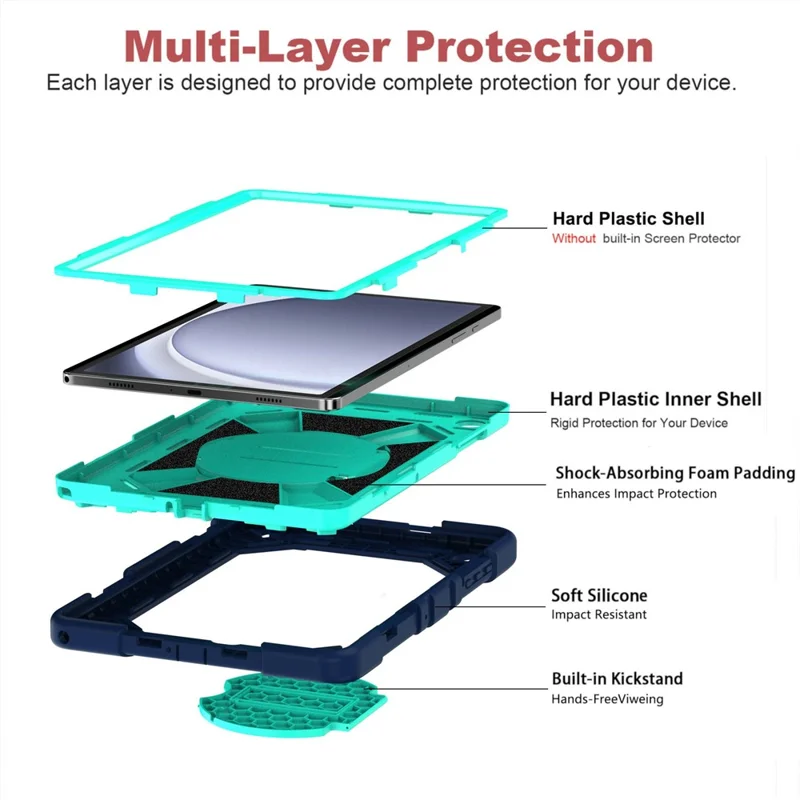 For Samsung Galaxy Tab A11+ / Tab A9+ Case PC + Silicone Shockproof Protective Cover with Kickstand - Navy Blue+Sky Blue
