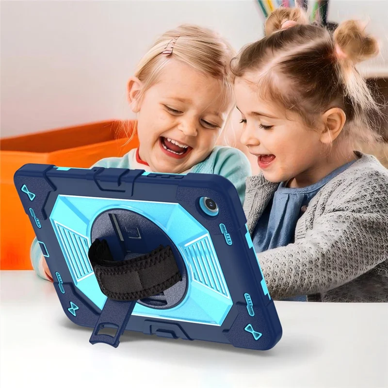 Etui na Samsung Galaxy Tab A11+ / Tab A9+ z podpórką kickstand, odporność na wstrząsy PC + silikonowe z opaską na rękę / na ramię - Granatowy+Niebieski