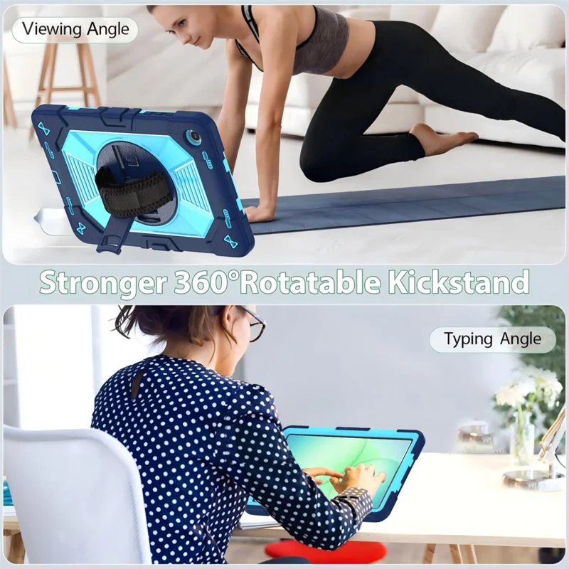 Etui na Samsung Galaxy Tab A11+ / Tab A9+ z podpórką kickstand, odporność na wstrząsy PC + silikonowe z opaską na rękę / na ramię - Granatowy+Niebieski