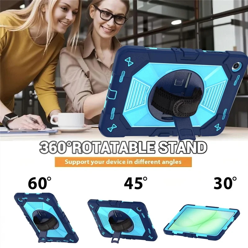 Etui na Samsung Galaxy Tab A11+ / Tab A9+ z podpórką kickstand, odporność na wstrząsy PC + silikonowe z opaską na rękę / na ramię - Granatowy+Niebieski