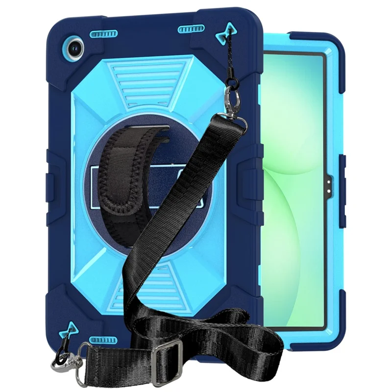 Etui na Samsung Galaxy Tab A11+ / Tab A9+ z podpórką kickstand, odporność na wstrząsy PC + silikonowe z opaską na rękę / na ramię - Granatowy+Niebieski