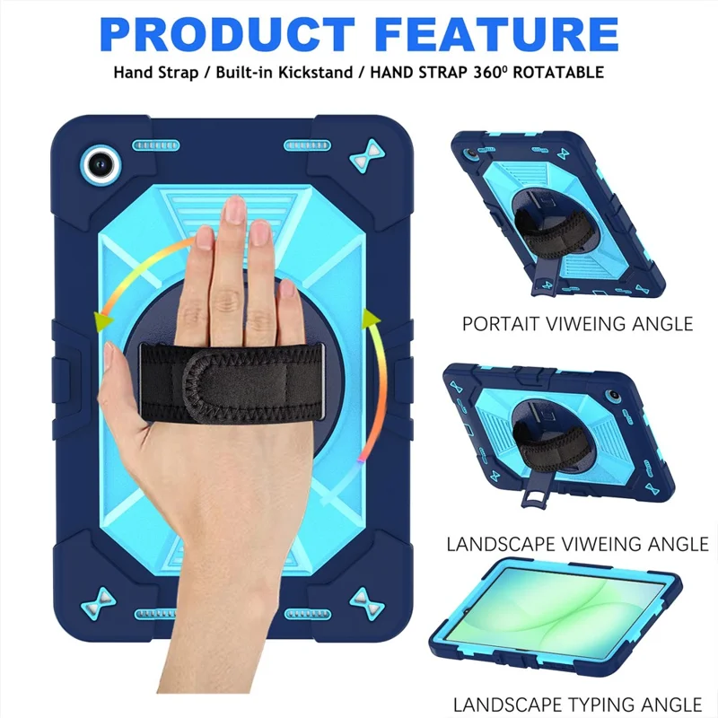 Etui na Samsung Galaxy Tab A11+ / Tab A9+ z podpórką kickstand, odporność na wstrząsy PC + silikonowe z opaską na rękę / na ramię - Granatowy+Niebieski