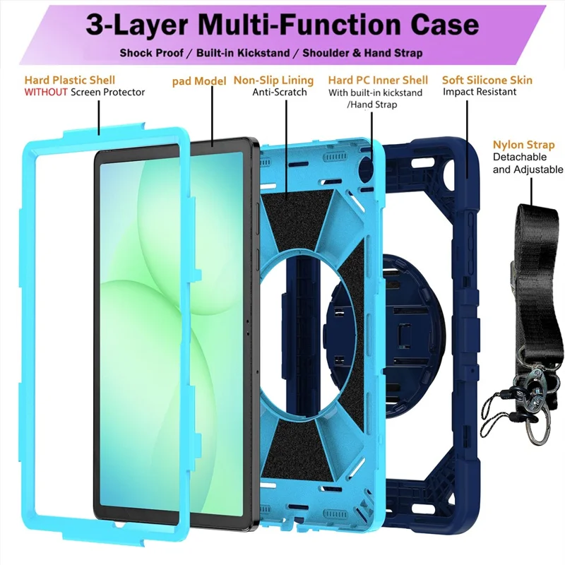 Etui na Samsung Galaxy Tab A11+ / Tab A9+ z podpórką kickstand, odporność na wstrząsy PC + silikonowe z opaską na rękę / na ramię - Granatowy+Niebieski