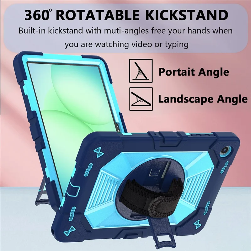 Etui na Samsung Galaxy Tab A11+ / Tab A9+ z podpórką kickstand, odporność na wstrząsy PC + silikonowe z opaską na rękę / na ramię - Granatowy+Niebieski
