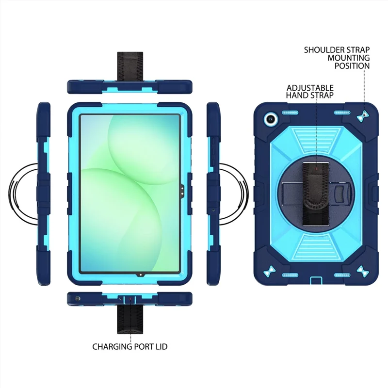 Etui na Samsung Galaxy Tab A11+ / Tab A9+ z podpórką kickstand, odporność na wstrząsy PC + silikonowe z opaską na rękę / na ramię - Granatowy+Niebieski