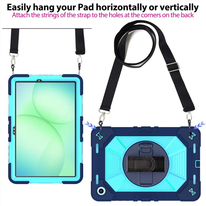 Etui na Samsung Galaxy Tab A11+ / Tab A9+ z podpórką kickstand, odporność na wstrząsy PC + silikonowe z opaską na rękę / na ramię - Granatowy+Niebieski