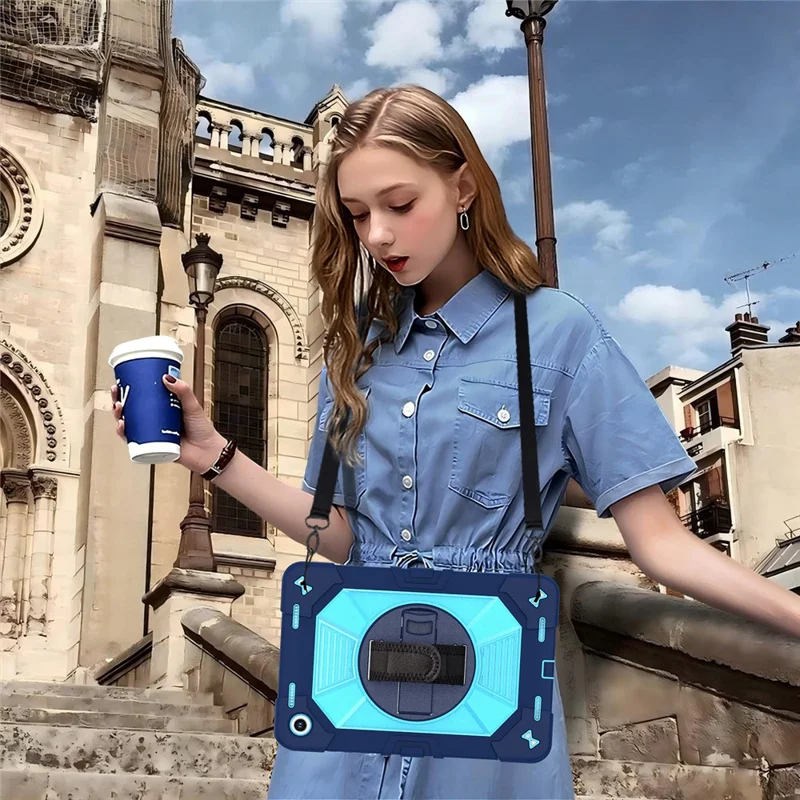 Etui na Samsung Galaxy Tab A11+ / Tab A9+ z podpórką kickstand, odporność na wstrząsy PC + silikonowe z opaską na rękę / na ramię - Granatowy+Niebieski