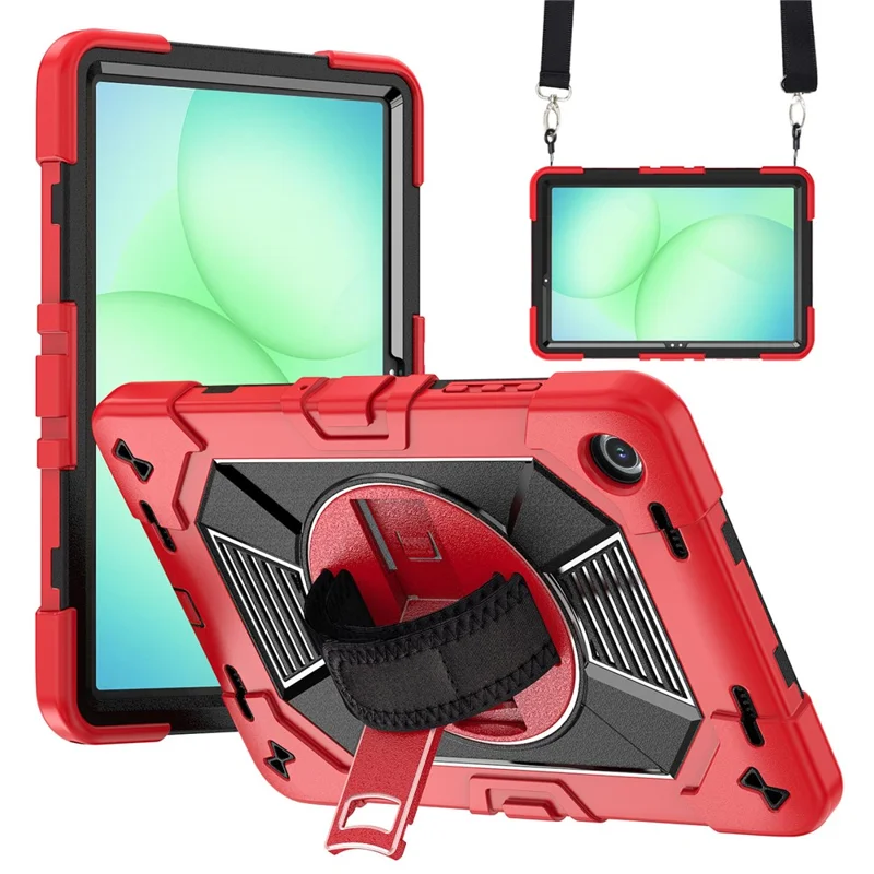For Samsung Galaxy Tab A11+ / Tab A9+ Case Kickstand PC + Silicone Shockproof Cover with Hand Strap / Shoulder Strap - Red+Black