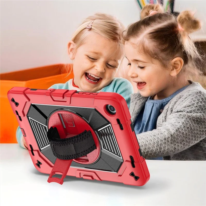 For Samsung Galaxy Tab A11+ / Tab A9+ Case Kickstand PC + Silicone Shockproof Cover with Hand Strap / Shoulder Strap - Red+Black